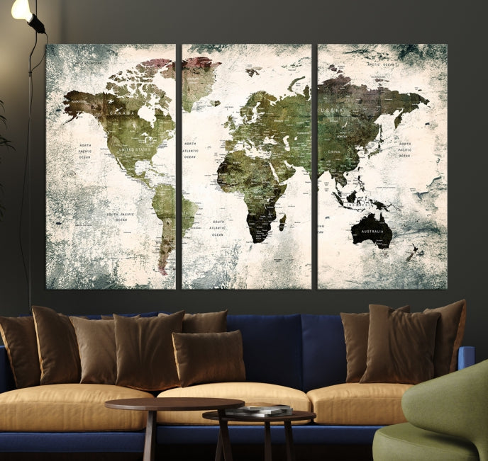 Green World Map Push Pin Detailed Map Canvas Wall Art Giclee Print