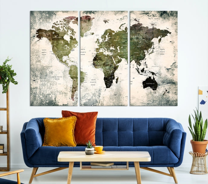 Green World Map Push Pin Detailed Map Canvas Wall Art Giclee Print