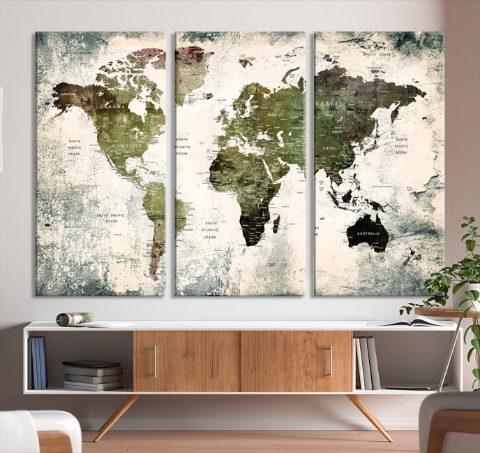 Green World Map Push Pin Detailed Map Canvas Wall Art Giclee Print