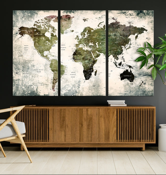 Green World Map Push Pin Detailed Map Canvas Wall Art Giclee Print