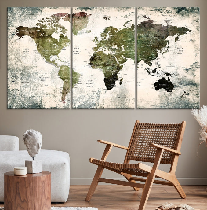 Green World Map Push Pin Detailed Map Canvas Wall Art Giclee Print