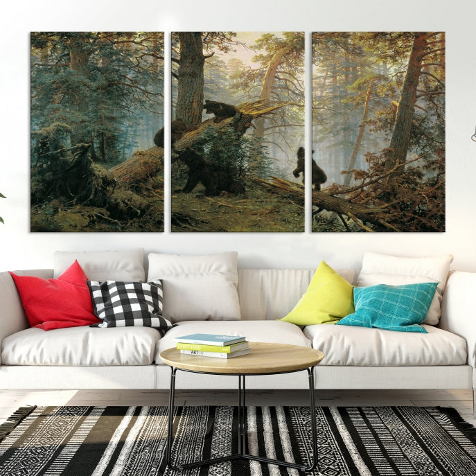 Grizzly Bear Cubs Forest Animal Wall Art Large Canvas Print Framed Decor