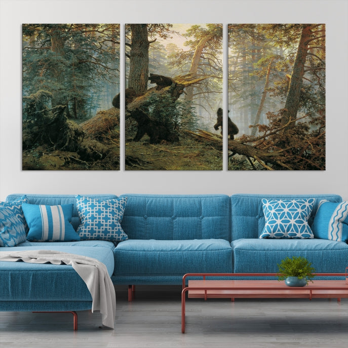 Grizzly Bear Cubs Forest Animal Wall Art Large Canvas Print Framed Decor