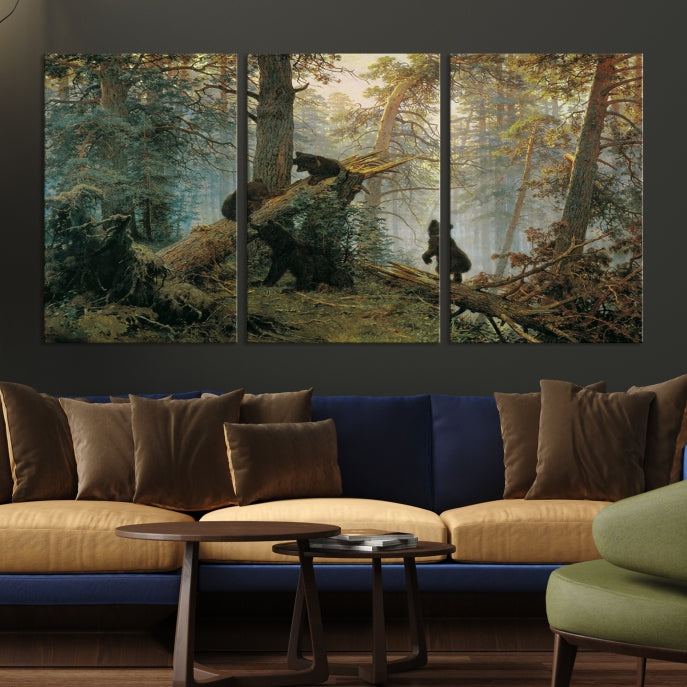 Grizzly Bear Cubs Forest Animal Wall Art Large Canvas Print Framed Decor