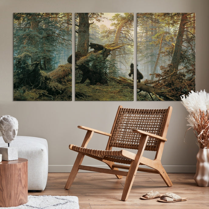 Grizzly Bear Cubs Forest Animal Wall Art Large Canvas Print Framed Decor