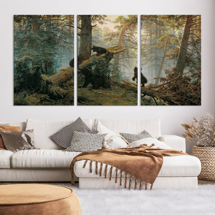 Grizzly Bear Cubs Forest Animal Wall Art Large Canvas Print Framed Decor