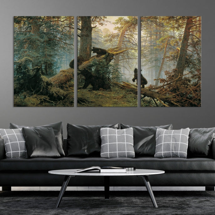 Grizzly Bear Cubs Forest Animal Wall Art Large Canvas Print Framed Decor