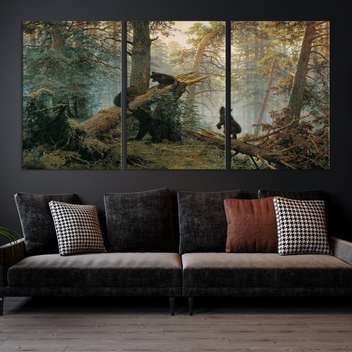 Grizzly Bear Cubs Forest Animal Wall Art Large Canvas Print Framed Decor