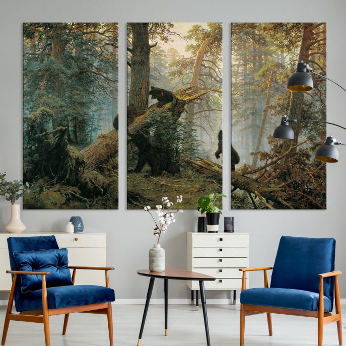 Grizzly Bear Cubs Forest Animal Wall Art Large Canvas Print Framed Decor