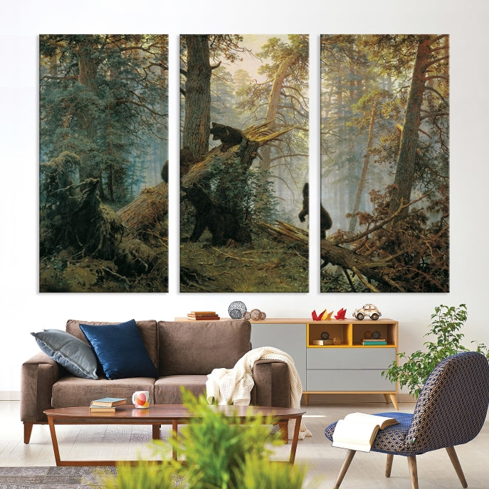 Grizzly Bear Cubs Forest Animal Wall Art Large Canvas Print Framed Decor