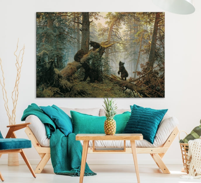 Grizzly Bear Cubs Forest Animal Wall Art Large Canvas Print Framed Decor