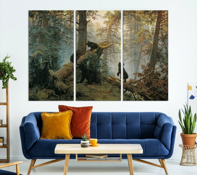 Grizzly Bear Cubs Forest Animal Wall Art Large Canvas Print Framed Decor