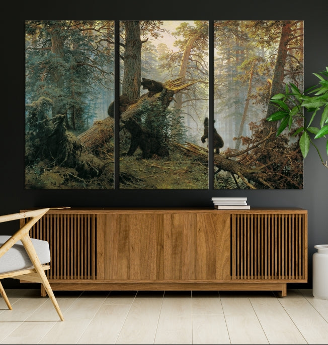 Grizzly Bear Cubs Forest Animal Wall Art Large Canvas Print Framed Decor