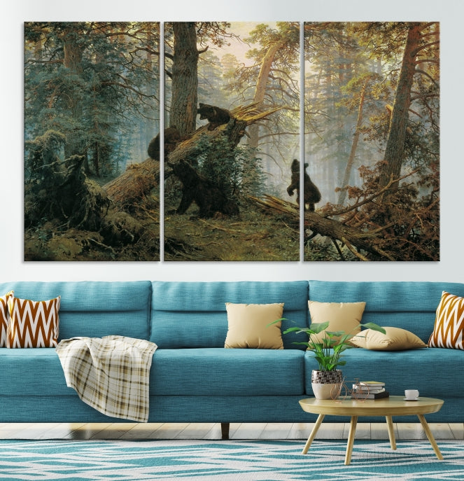 Grizzly Bear Cubs Forest Animal Wall Art Large Canvas Print Framed Decor