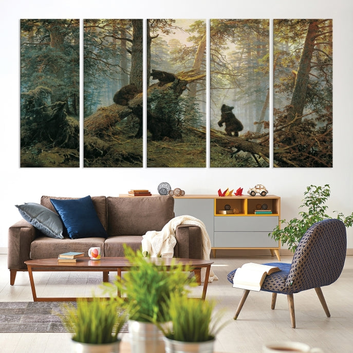 Grizzly Bear Cubs Forest Animal Wall Art Large Canvas Print Framed Decor