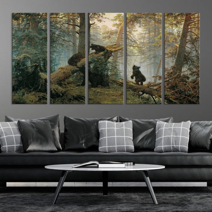 Grizzly Bear Cubs Forest Animal Wall Art Large Canvas Print Framed Decor