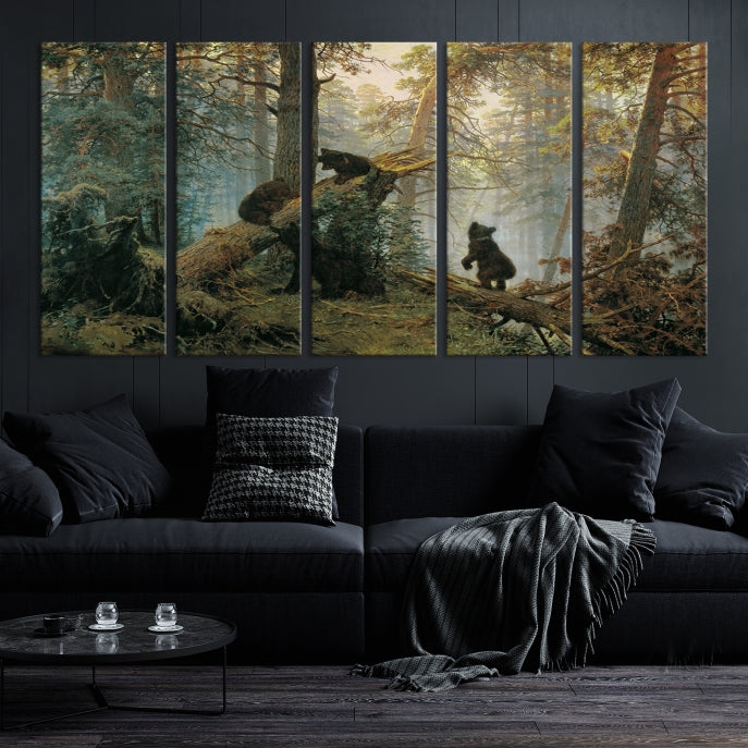 Grizzly Bear Cubs Forest Animal Wall Art Large Canvas Print Framed Decor