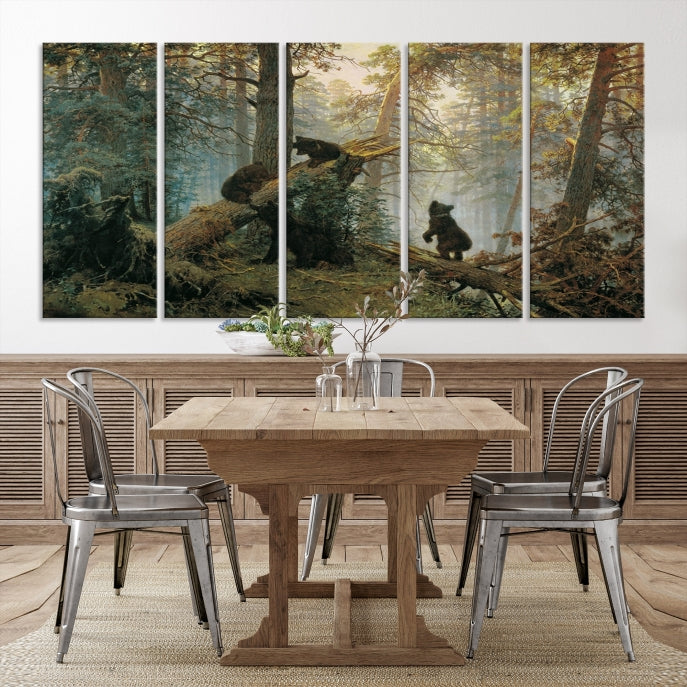 Grizzly Bear Cubs Forest Animal Wall Art Large Canvas Print Framed Decor