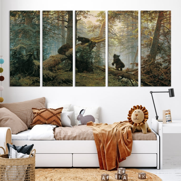 Grizzly Bear Cubs Forest Animal Wall Art Large Canvas Print Framed Decor