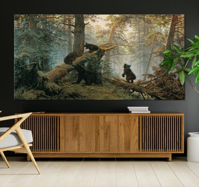 Grizzly Bear Cubs Forest Animal Wall Art Large Canvas Print Framed Decor