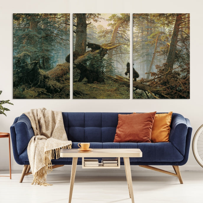 Grizzly Bear Cubs Forest Animal Wall Art Large Canvas Print Framed Decor