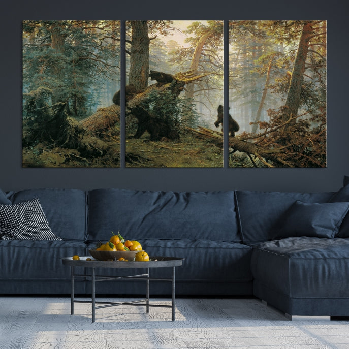 Grizzly Bear Cubs Forest Animal Wall Art Large Canvas Print Framed Decor