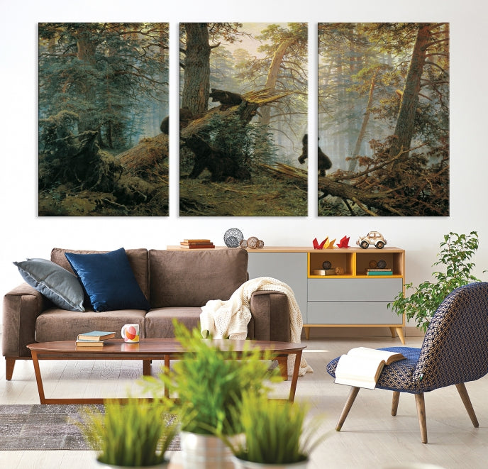 Grizzly Bear Cubs Forest Animal Wall Art Large Canvas Print Framed Decor