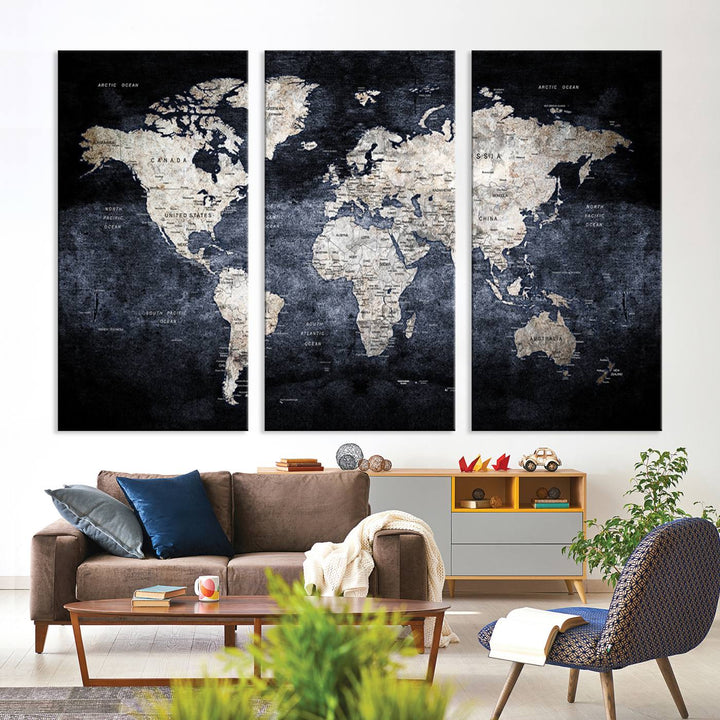 Grunge Black World Map Wall Art Canvas Print