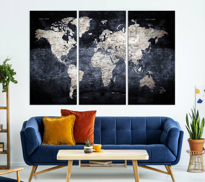 Grunge Black World Map Wall Art Canvas Print