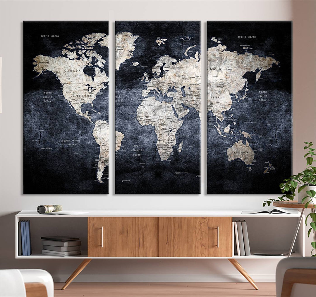 Grunge Black World Map Wall Art Canvas Print