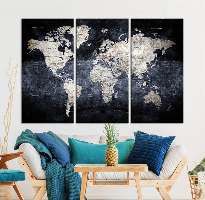 Grunge Black World Map Wall Art Canvas Print