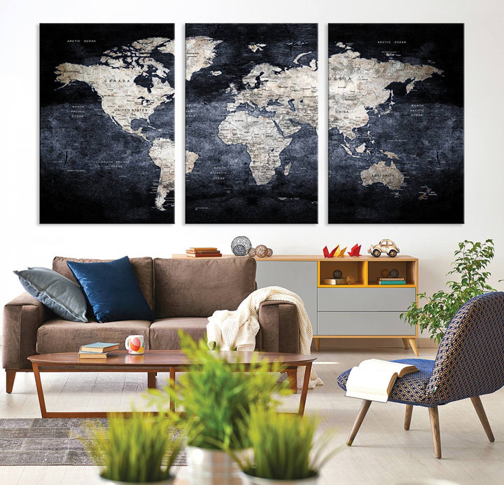 Grunge Black World Map Wall Art Canvas Print