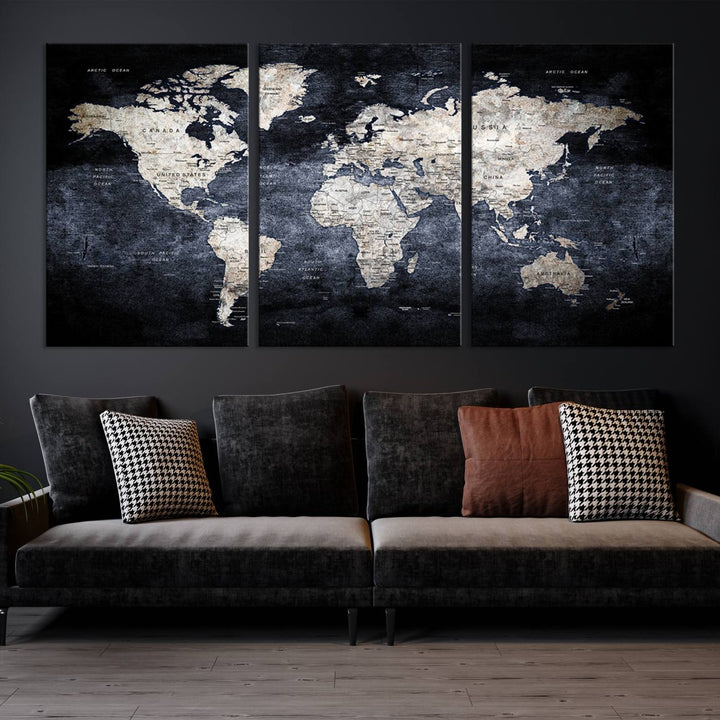 Grunge Black World Map Wall Art Canvas Print