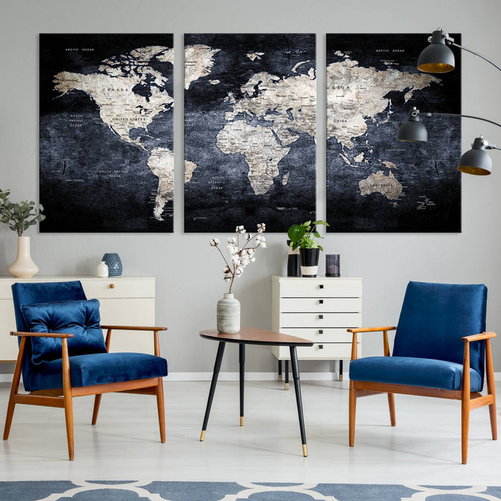 Grunge Black World Map Wall Art Canvas Print