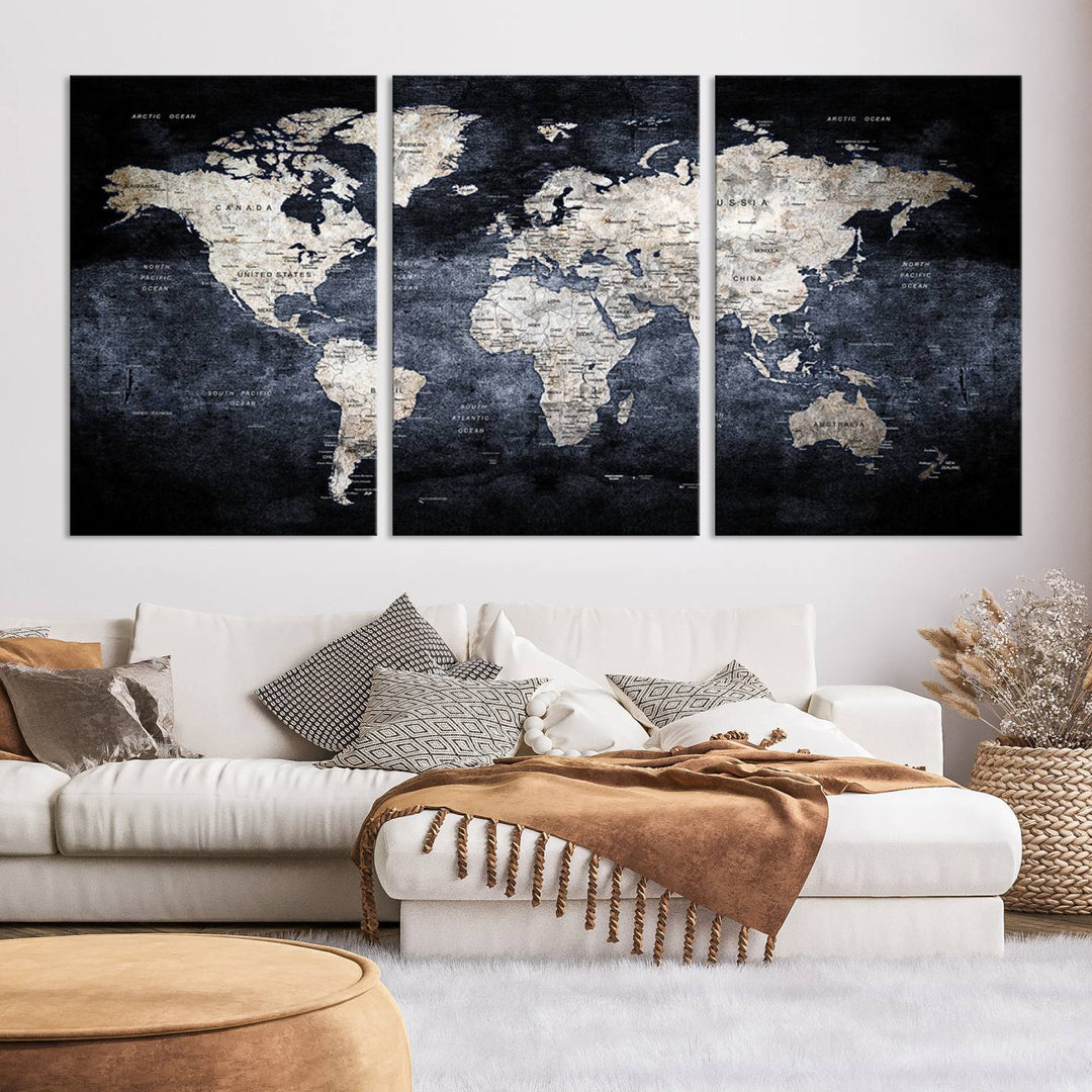 Grunge Black World Map Wall Art Canvas Print