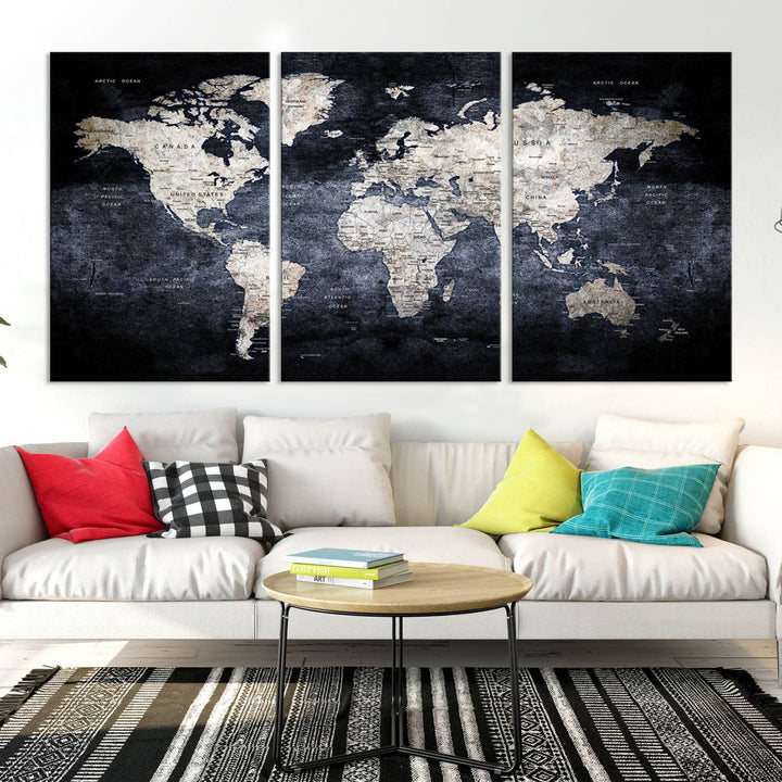 Grunge Black World Map Wall Art Canvas Print