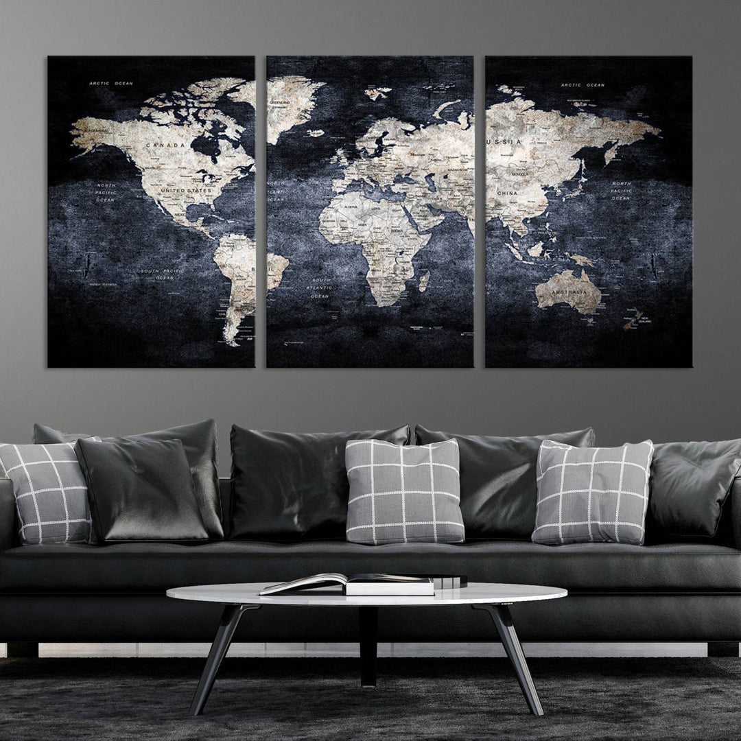 Grunge Black World Map Wall Art Canvas Print