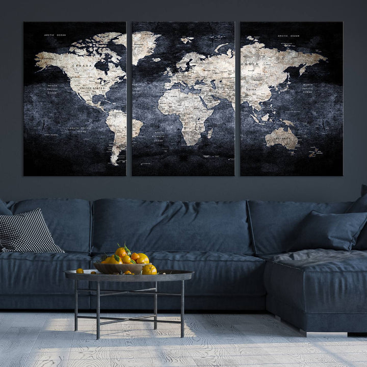 Grunge Black World Map Wall Art Canvas Print