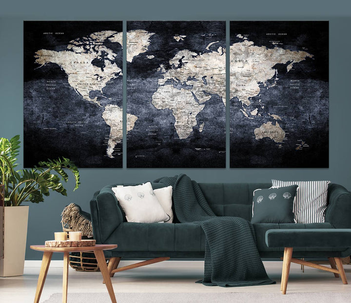 Grunge Black World Map Wall Art Canvas Print