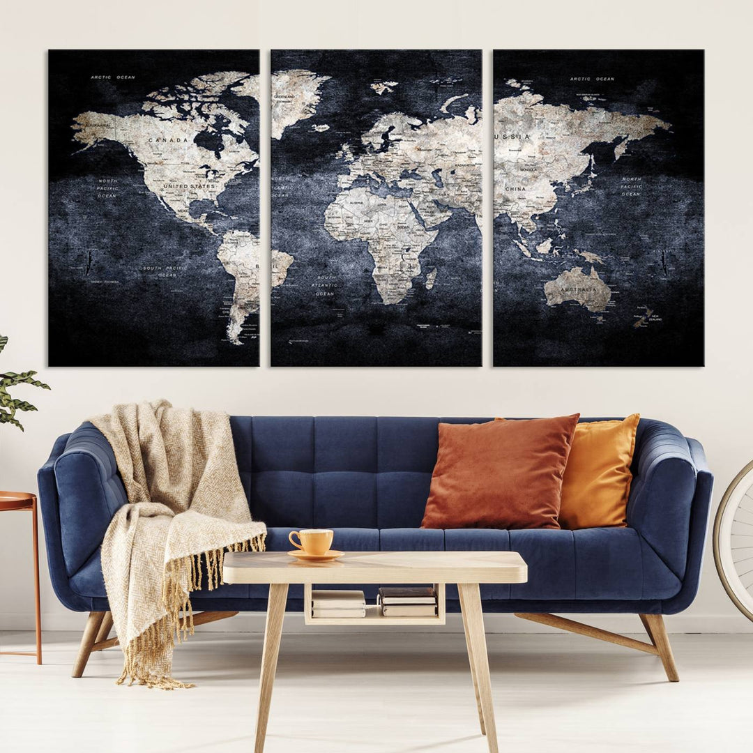 Grunge Black World Map Wall Art Canvas Print