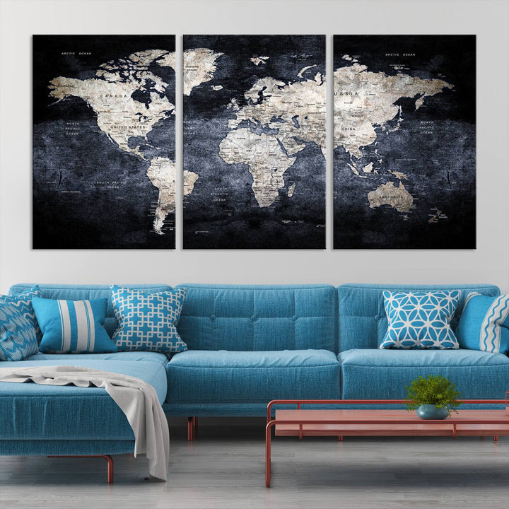 Grunge Black World Map Wall Art Canvas Print