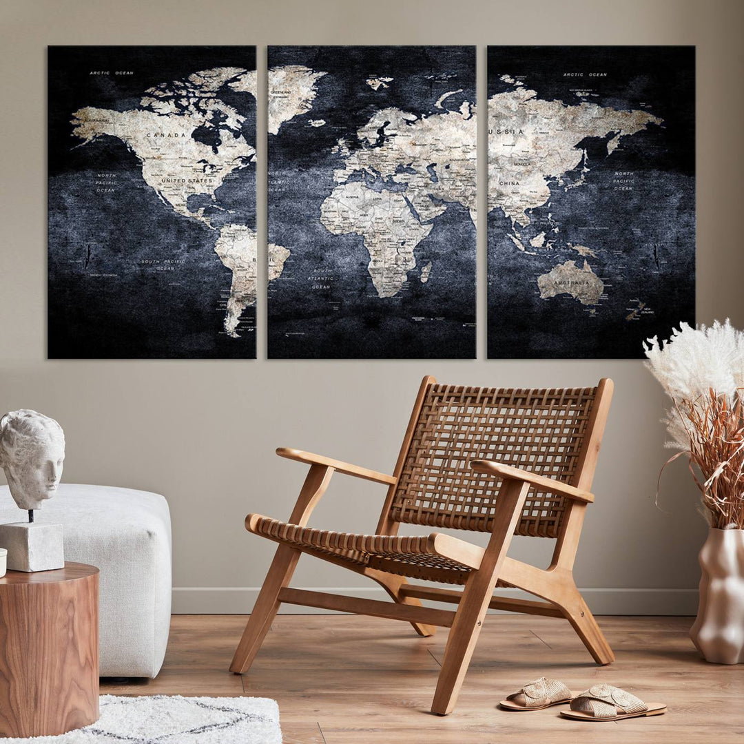 Grunge Black World Map Wall Art Canvas Print