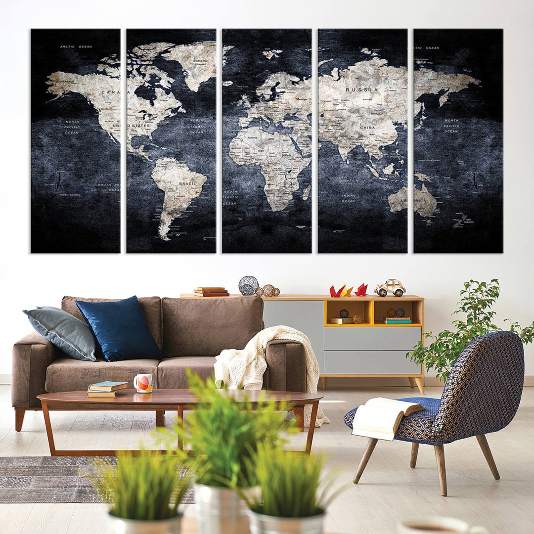 Grunge Black World Map Wall Art Canvas Print