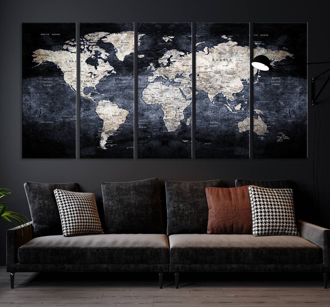 Grunge Black World Map Wall Art Canvas Print