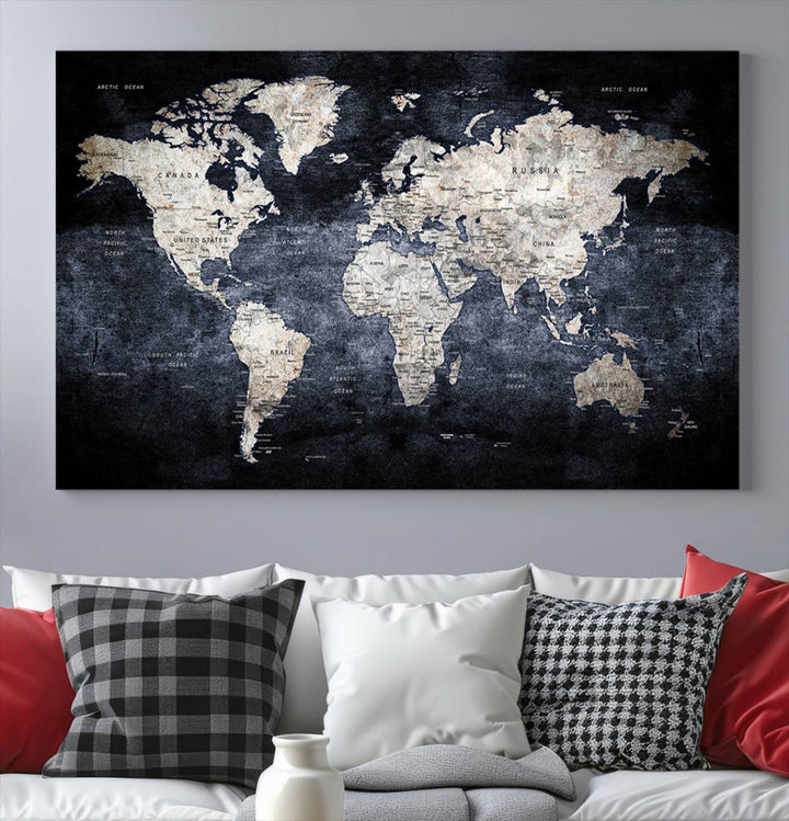 Grunge Black World Map Wall Art Canvas Print