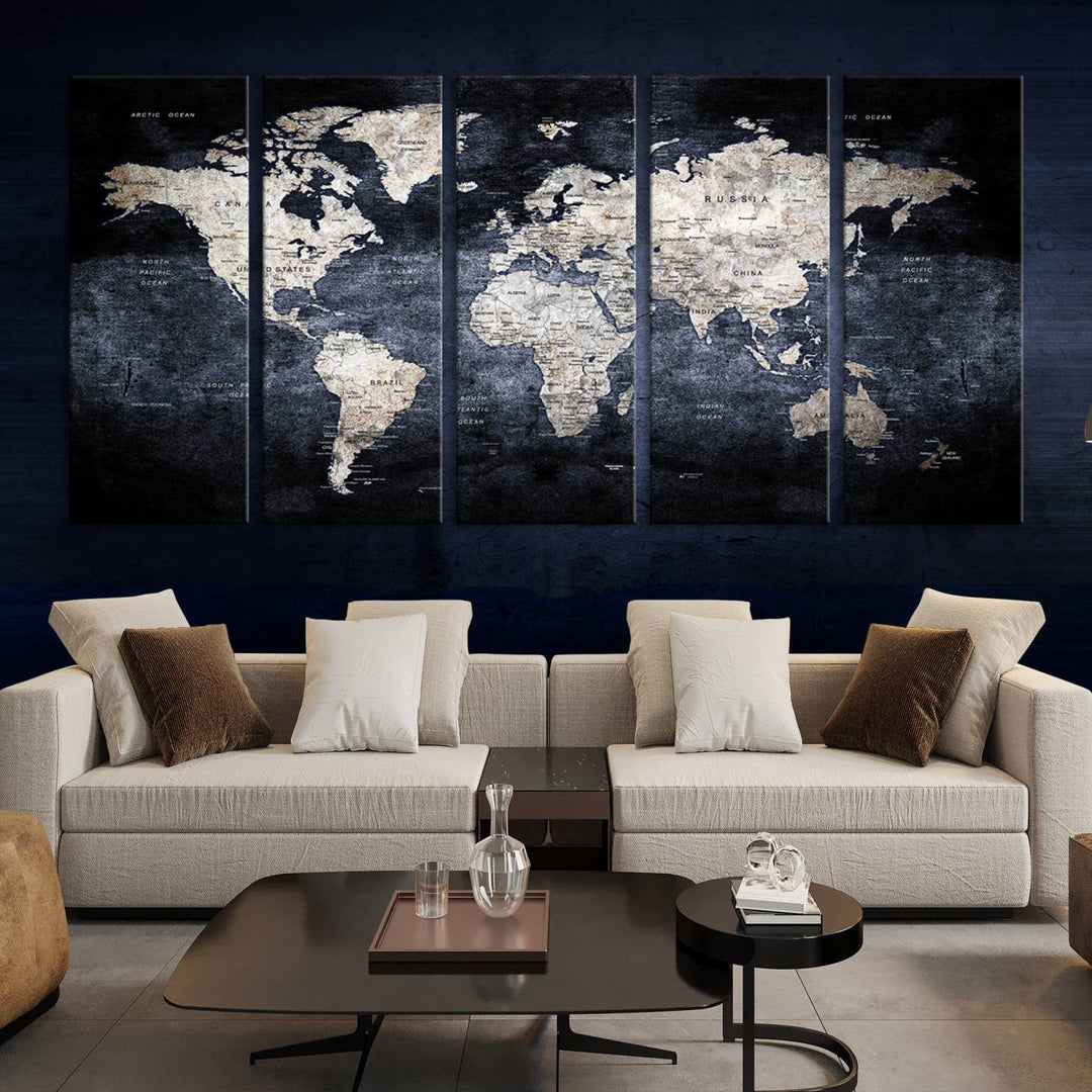 Grunge Black World Map Wall Art Canvas Print