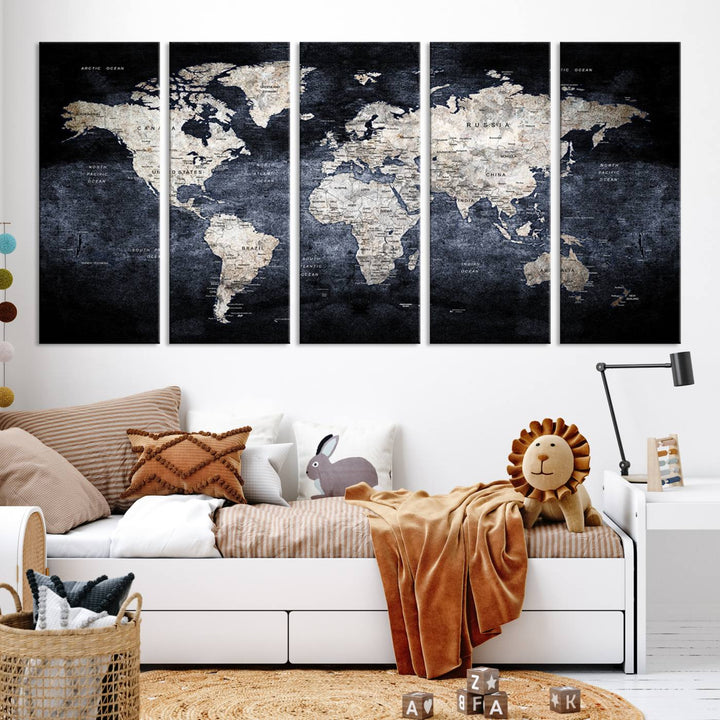 Grunge Black World Map Wall Art Canvas Print