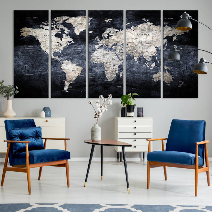 Grunge Black World Map Wall Art Canvas Print