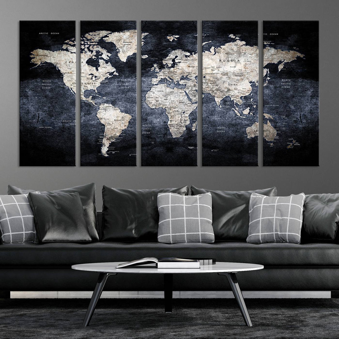 Grunge Black World Map Wall Art Canvas Print