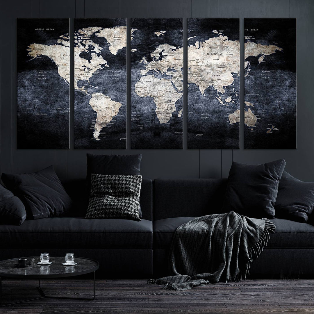 Grunge Black World Map Wall Art Canvas Print